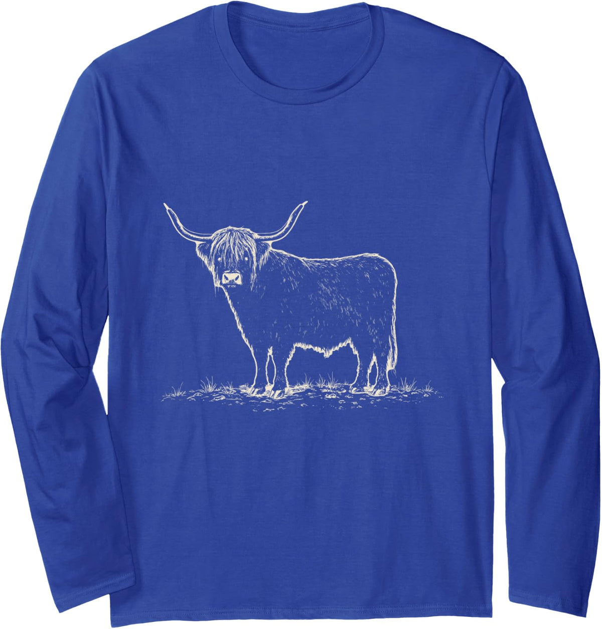 Vintage Highland Cow Ink Drawing Hairy Coo Lover Long Sleeve T-Shirt - Adult Unisex Royal Blue