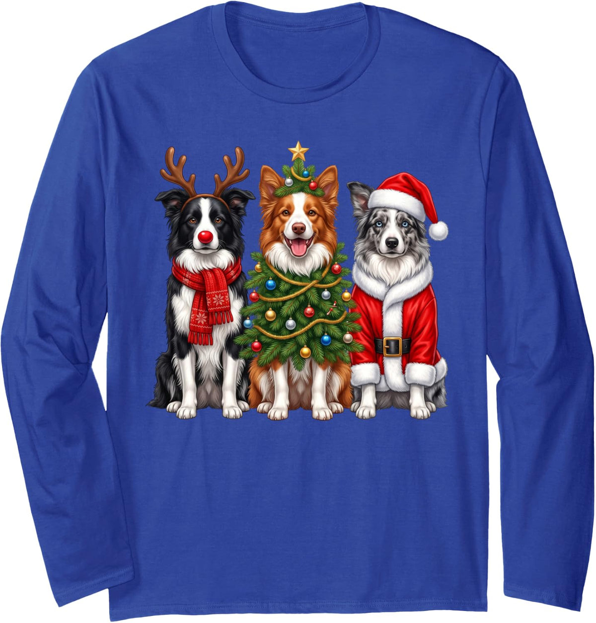 Retro Christmas Border Collies Santa Reindeer Dog Lover Long Sleeve T-Shirt - Adult Unisex Royal Blue