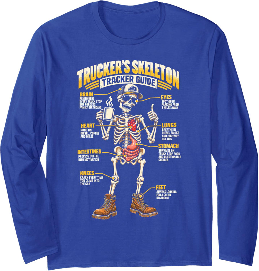 Trucker Skeleton Halloween Funny Truck Driver Humor Long Sleeve T-Shirt - Adult Unisex Royal Blue