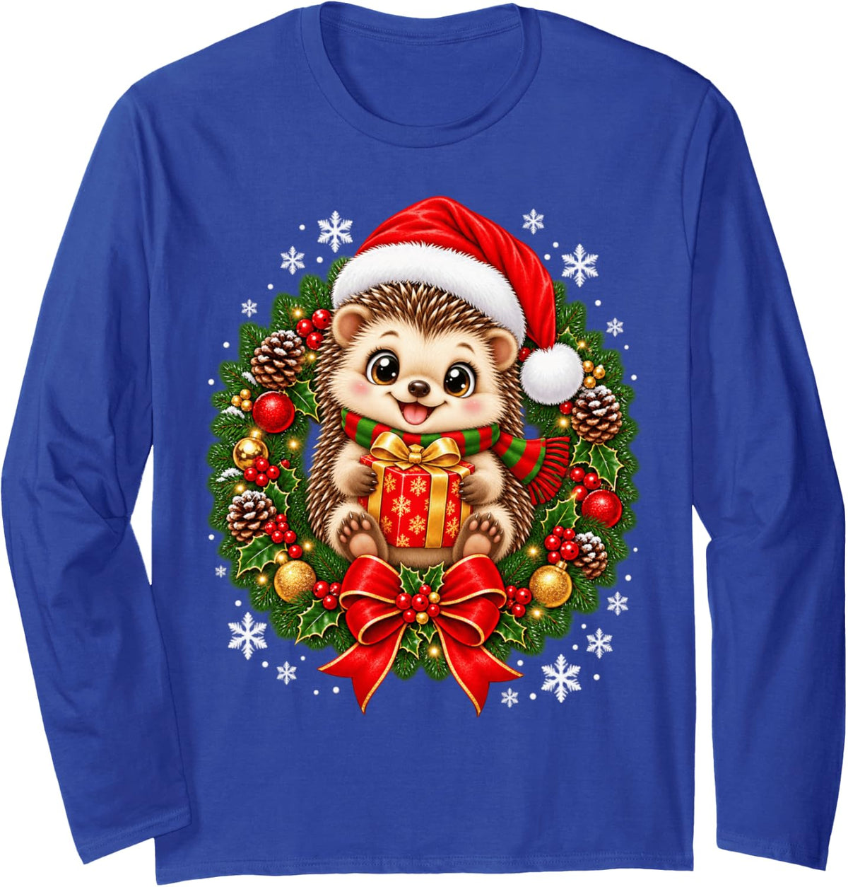 Hedgehog Santa Hat Christmas Light Xmas PJ Men Women Kids Long Sleeve T-Shirt - Adult Unisex Royal Blue