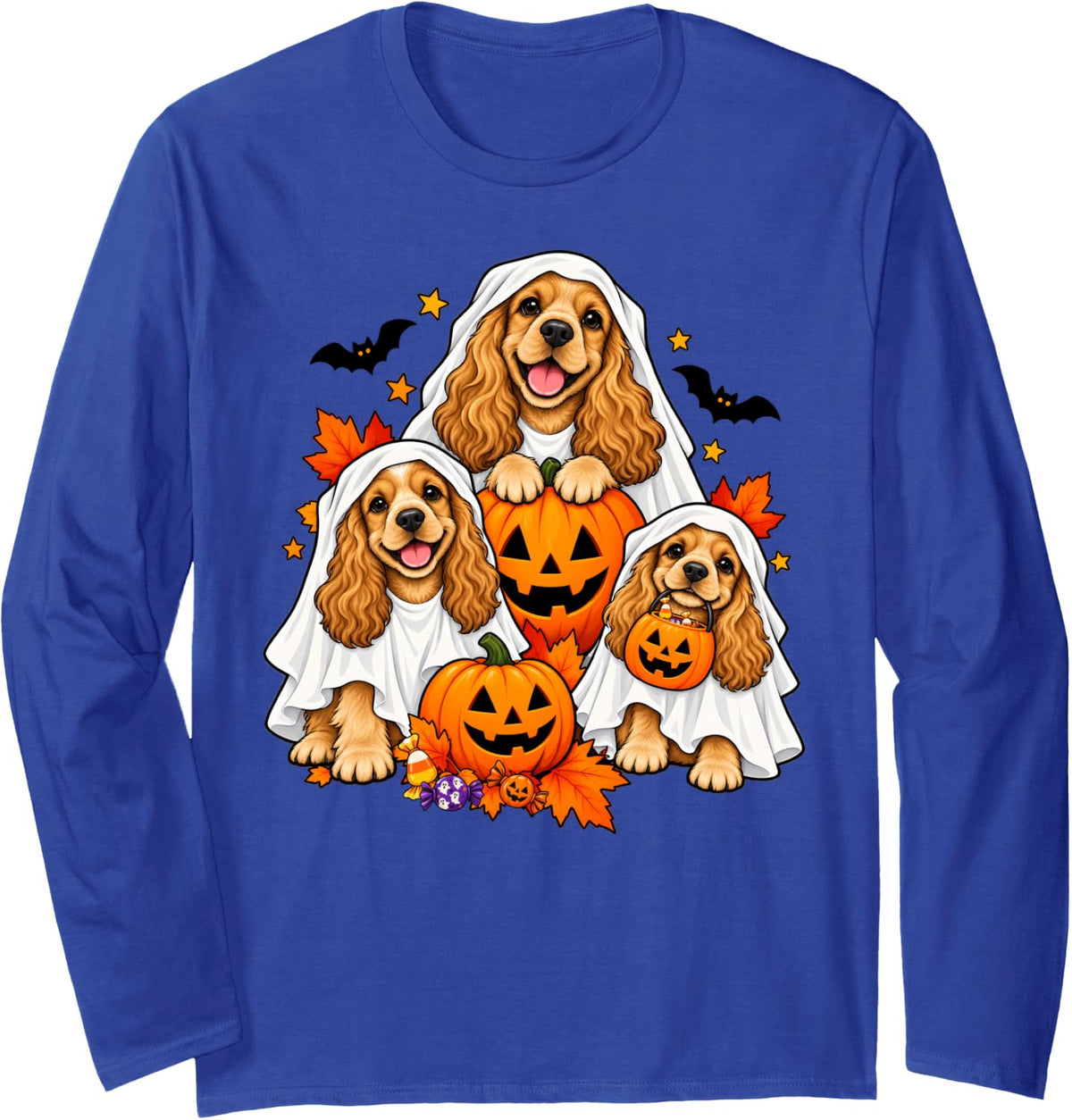 Cute Ghost Cocker Spaniel Dogs and Pumpkins Halloween Long Sleeve T-Shirt - Adult Unisex Royal Blue