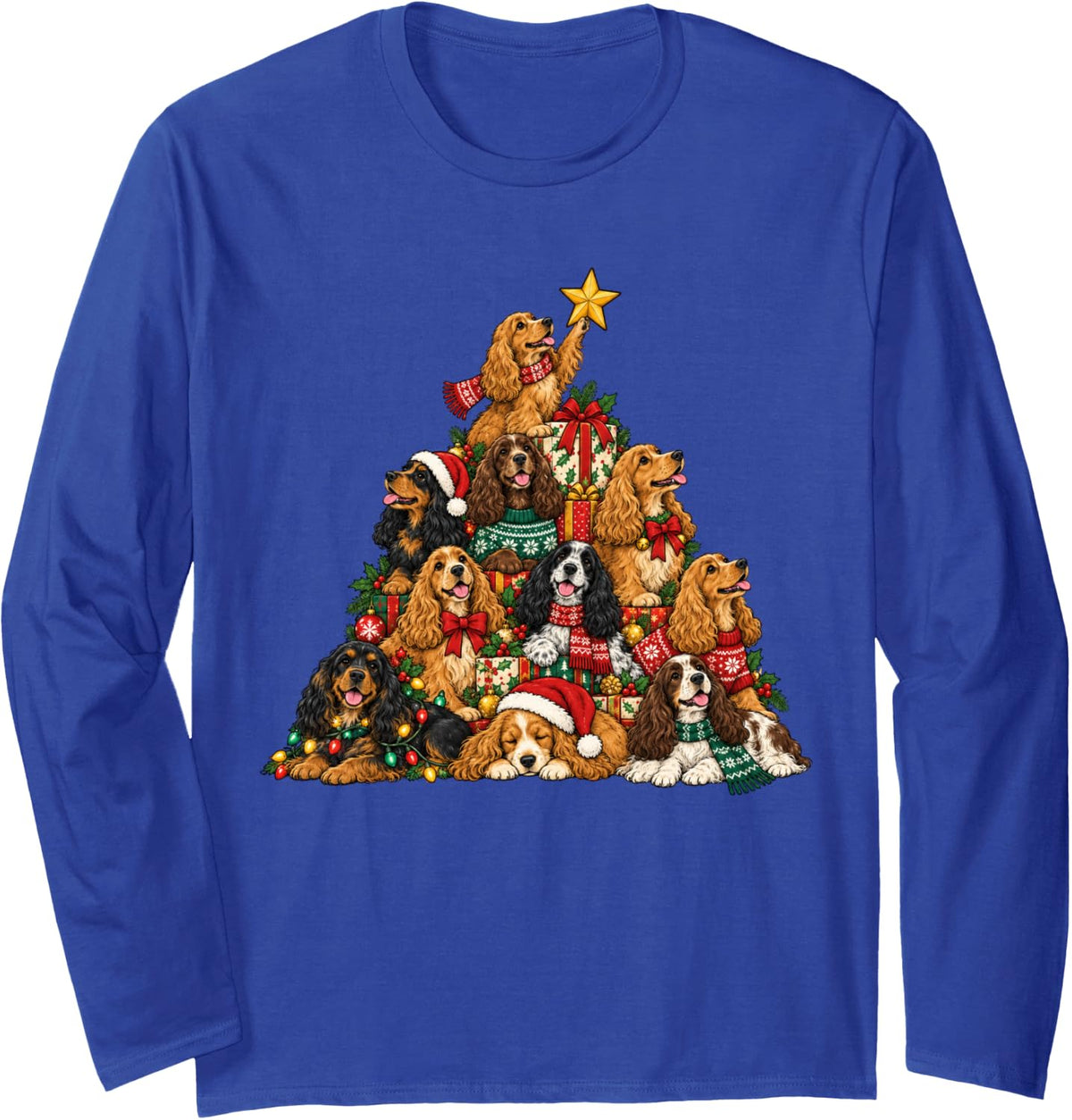 Funny English Cocker Spaniel Christmas Lights Tree Dog Lover Long Sleeve T-Shirt - Adult Unisex Royal Blue
