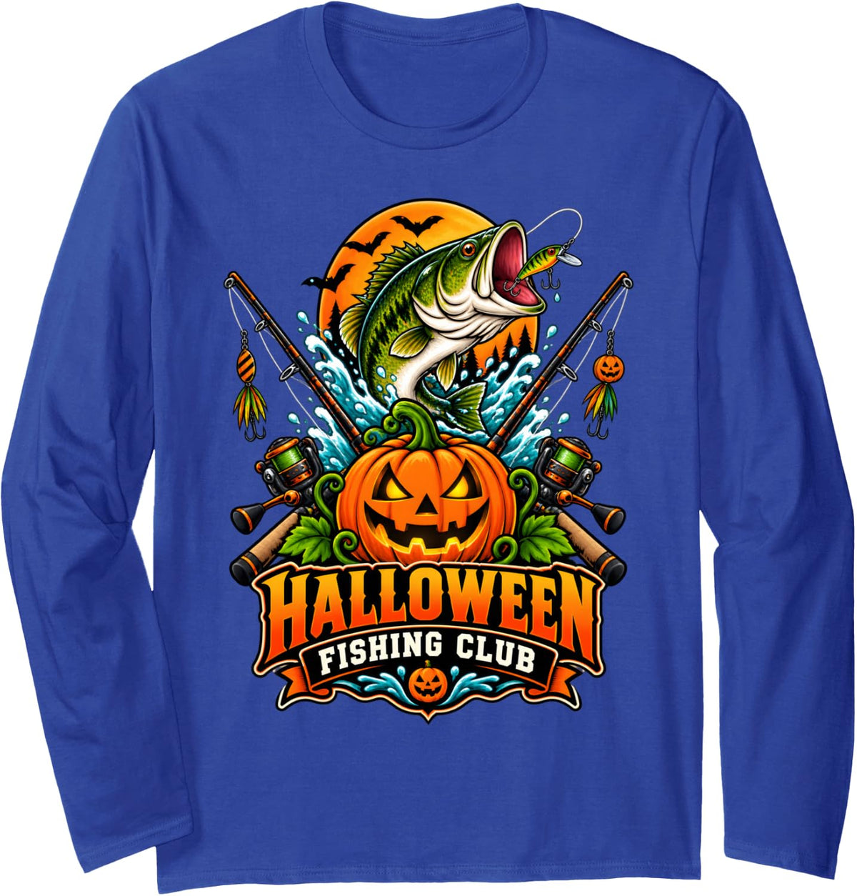 Halloween Fishing Club Bass Pumpkin Spooky Angler Graphic Long Sleeve T-Shirt - Adult Unisex Royal Blue
