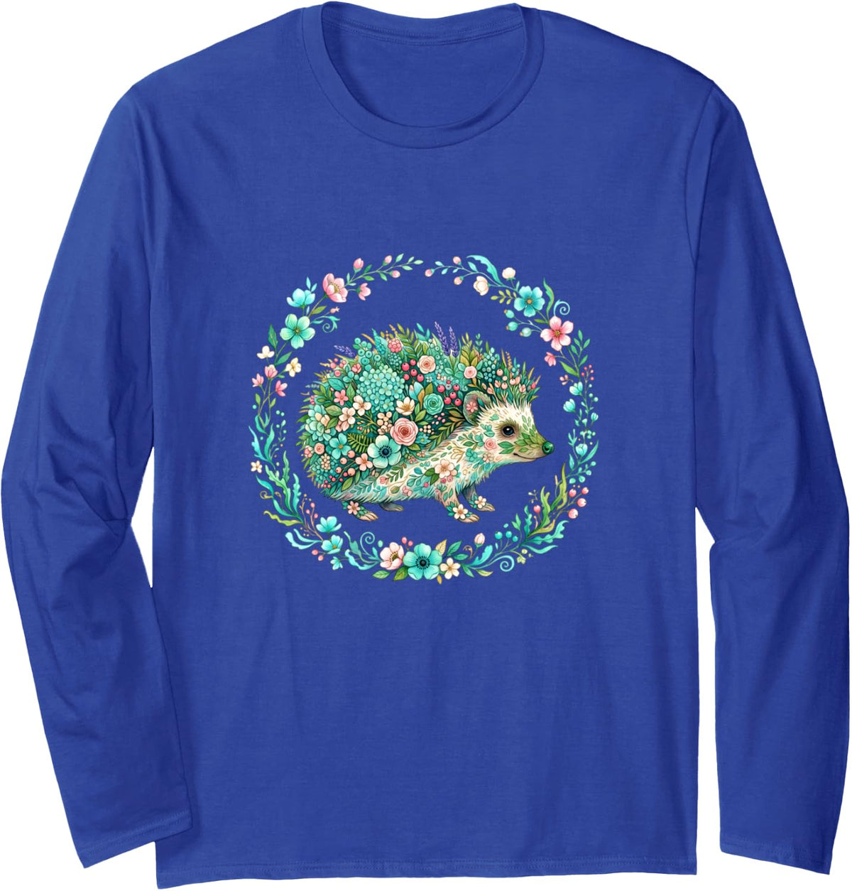 Floral Hedgehog Botanical Garden Wreath Art Long Sleeve T-Shirt - Adult Unisex Royal Blue