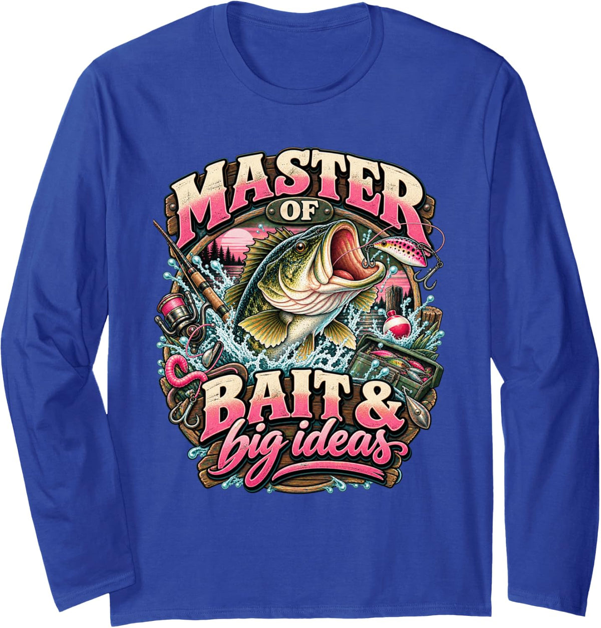 Master of Bait & Big Ideas Bass Fishing Angler Long Sleeve T-Shirt - Adult Unisex Royal Blue