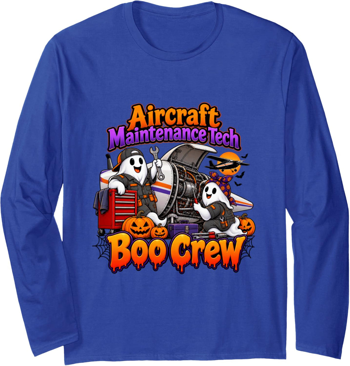 Aircraft Maintenance Tech Boo Crew Halloween Ghost Long Sleeve T-Shirt - Adult Unisex Royal Blue