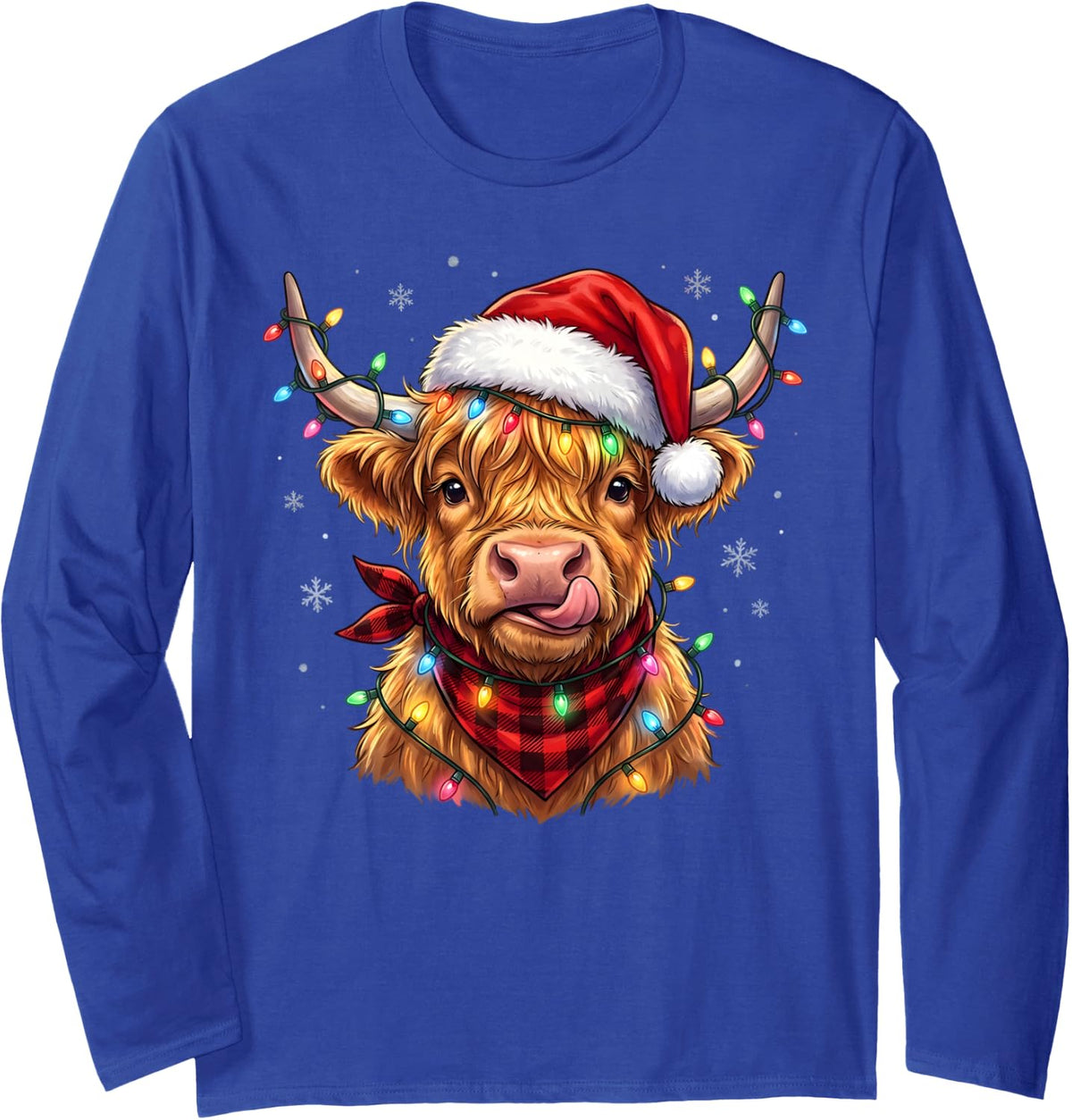 Highland Cow Wearing Santa Hat with Lights Christmas Farmers Long Sleeve T-Shirt - Adult Unisex Royal Blue