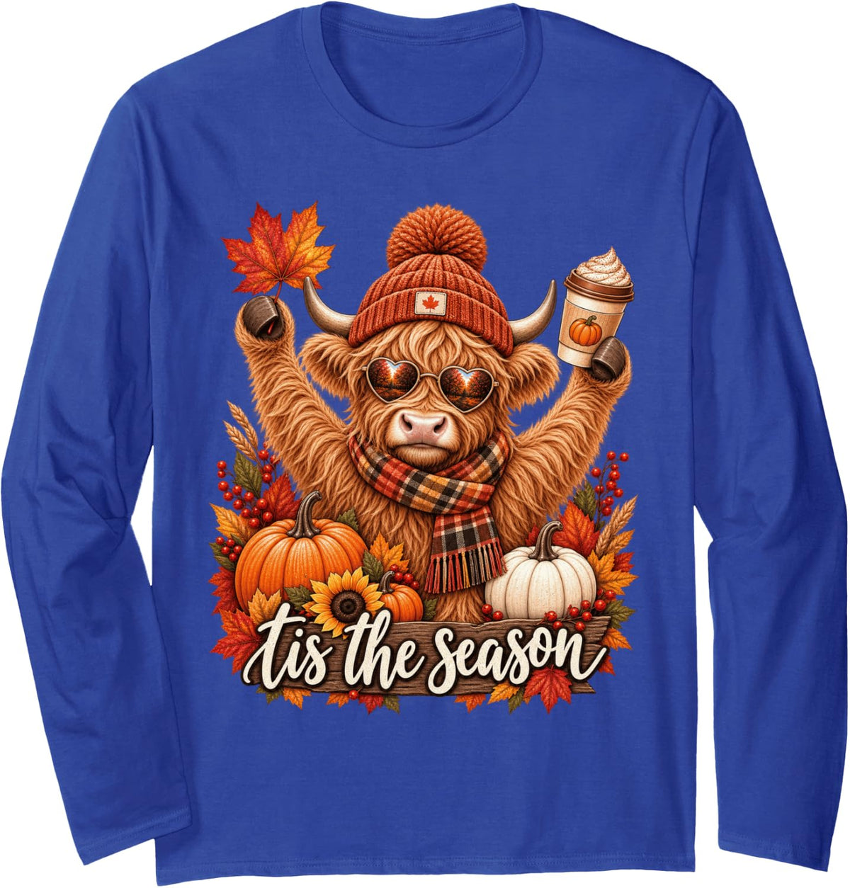 Highland Cow Tis The Season Pumpkin Coffee Sunglasses Fall Long Sleeve T-Shirt - Adult Unisex Royal Blue