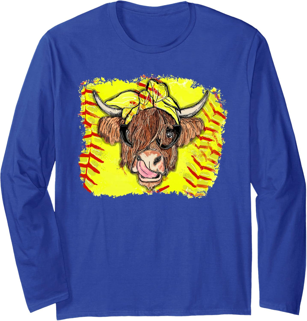 Softball Highland Cow with Bandana Glasses Happy Mother's Long Sleeve T-Shirt - Adult Unisex Royal Blue