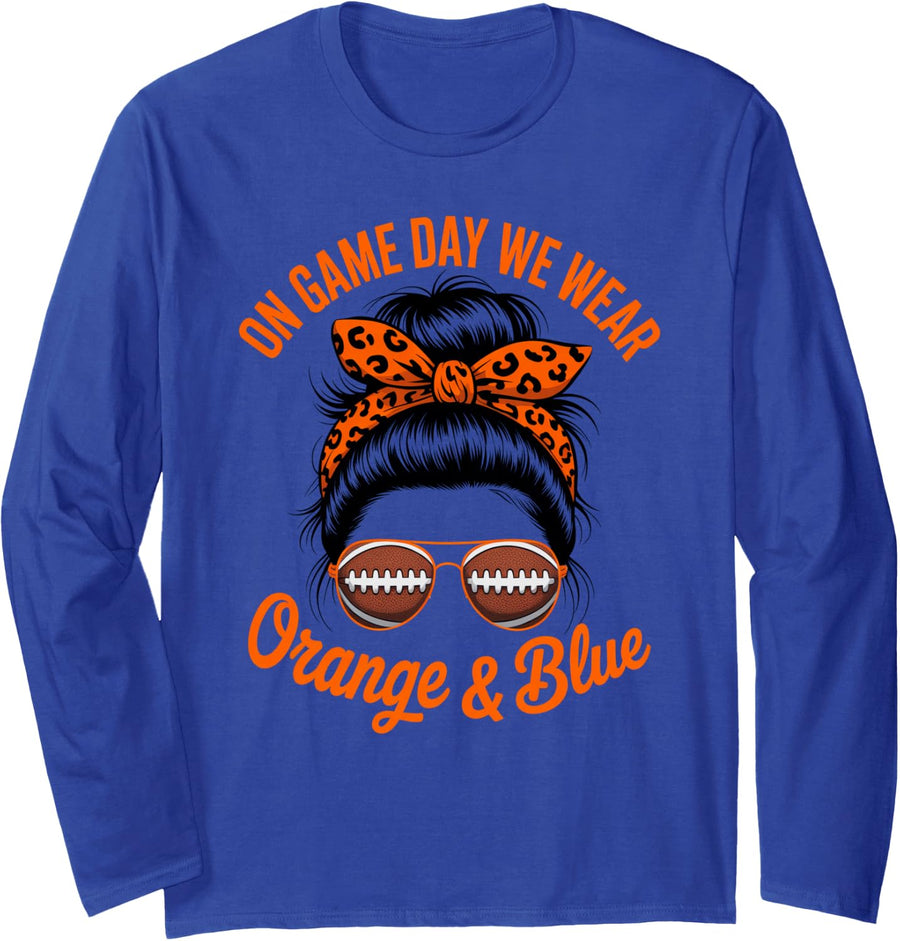 Retro Game Day WEAR Orange Blue Girl High School Cheer Long Sleeve T-Shirt - Adult Unisex Royal Blue