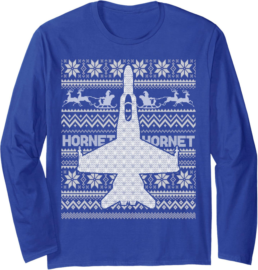 F 18 USA Fighter Jet Ugly Christmas Sweater Style Xmas Long Sleeve T-Shirt - Adult Unisex Royal Blue
