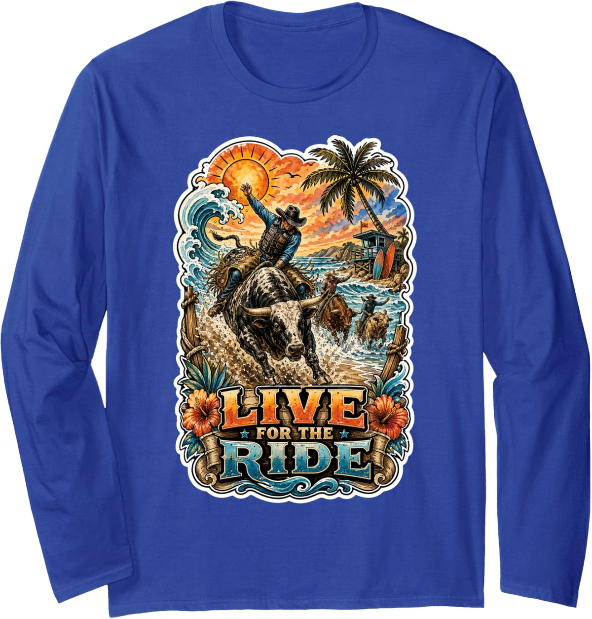 Live for The Ride Saltwater Bull Rider Rodeo Long Sleeve T-Shirt - Adult Unisex Royal Blue