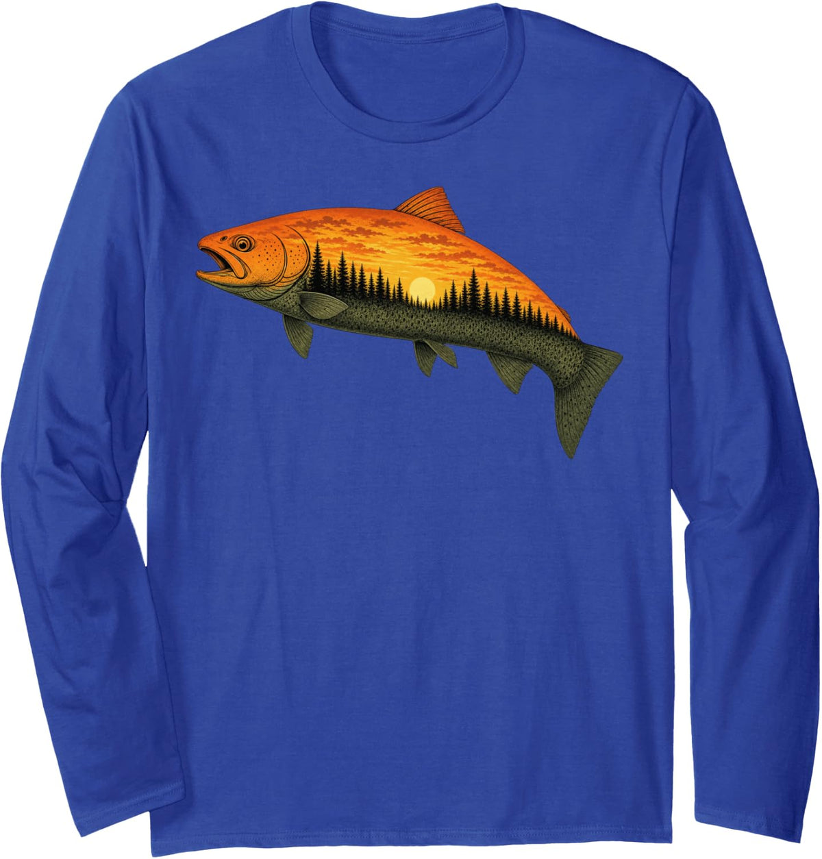 Fishing, Trout, Fly Fishing, Angler Fisherman, Nature Forest Long Sleeve T-Shirt - Adult Unisex Royal Blue