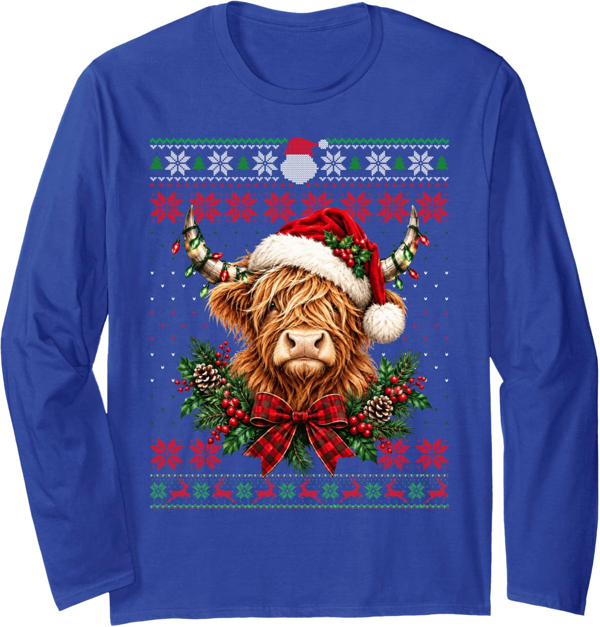 Highland Cow Santa Ugly Christmas Sweater Xmas Men Women Kid Long Sleeve T-Shirt - Adult Unisex Royal Blue
