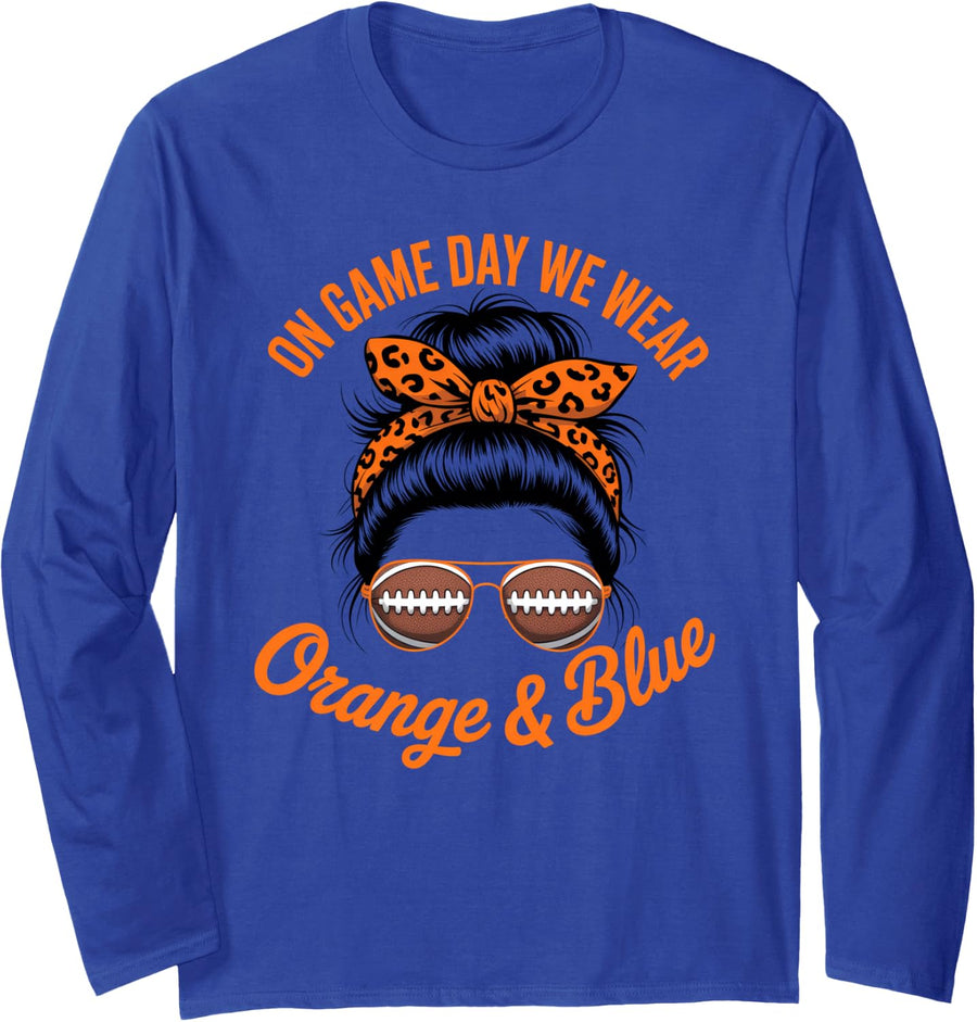 Retro ON Game Day WE WEAR Orange Blue High School Cheer Long Sleeve T-Shirt - Adult Unisex Royal Blue