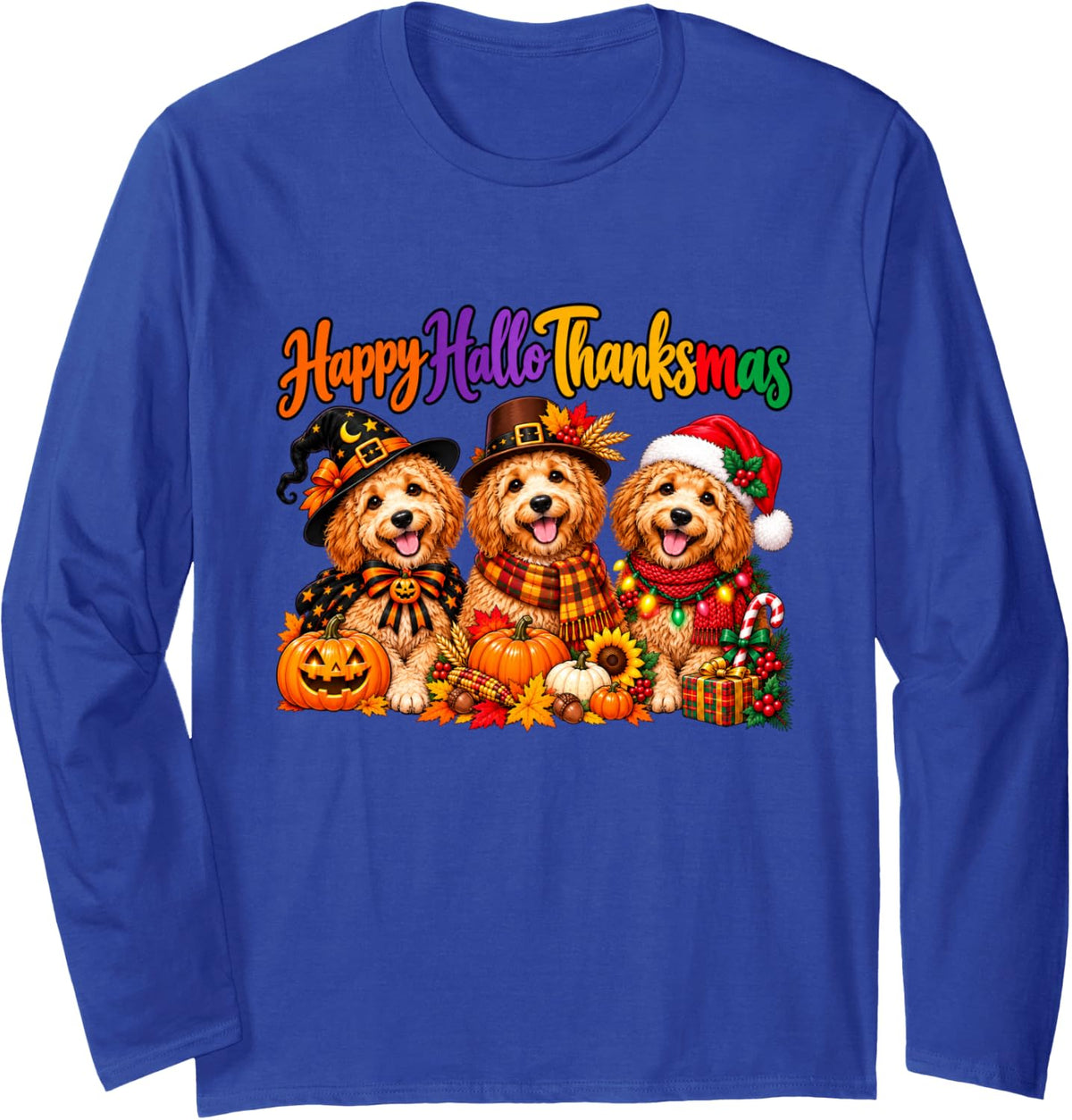 Goldendoodle Happy Hallothanksmas Halloween Thanksgiving Long Sleeve T-Shirt - Adult Unisex Royal Blue