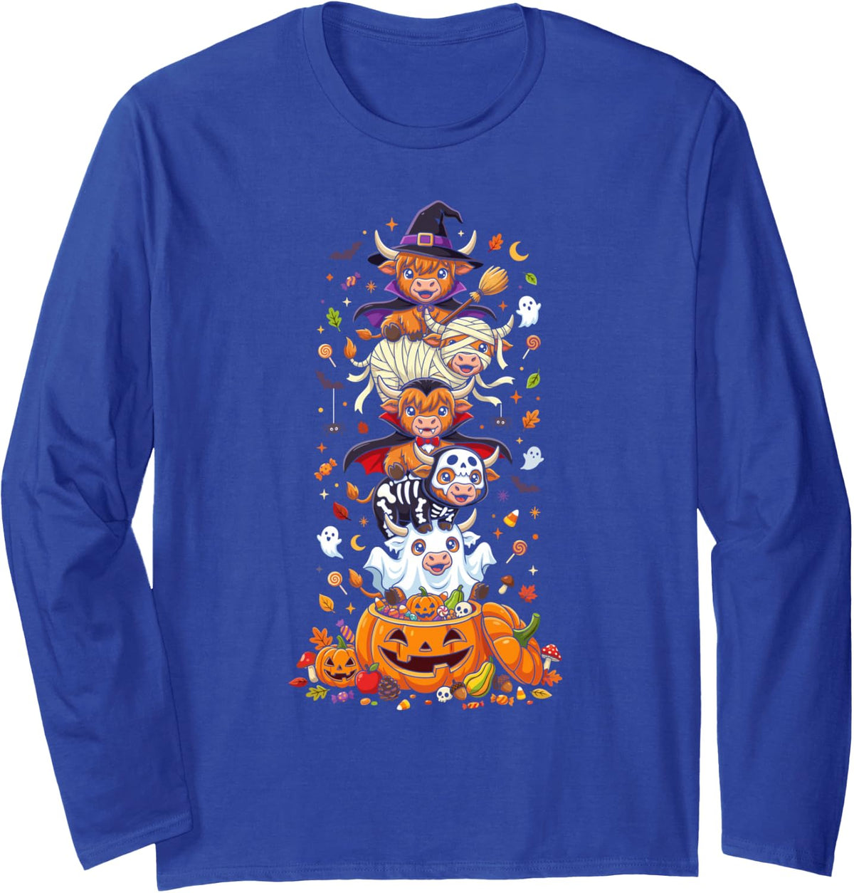 Highland Cow Witch Vampire Ghost Halloween Kids Mens Womens Long Sleeve T-Shirt - Adult Unisex Royal Blue