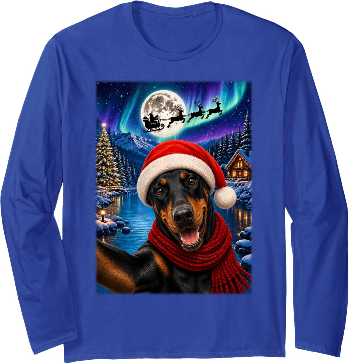 Doberman Pinscher Dog Christmas Moon Night Santa Sleigh Xmas Long Sleeve T-Shirt - Adult Unisex Royal Blue