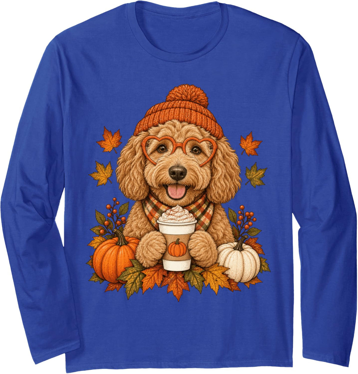 Goldendoodle Fall Autumn Season Pumpkin Spice Dog Long Sleeve T-Shirt - Adult Unisex Royal Blue