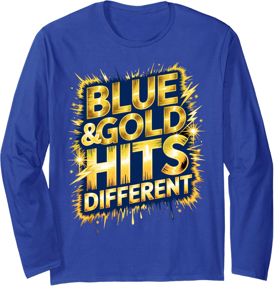 Vintage Blue Gold Hits Different Built High School Game Long Sleeve T-Shirt - Adult Unisex Royal Blue