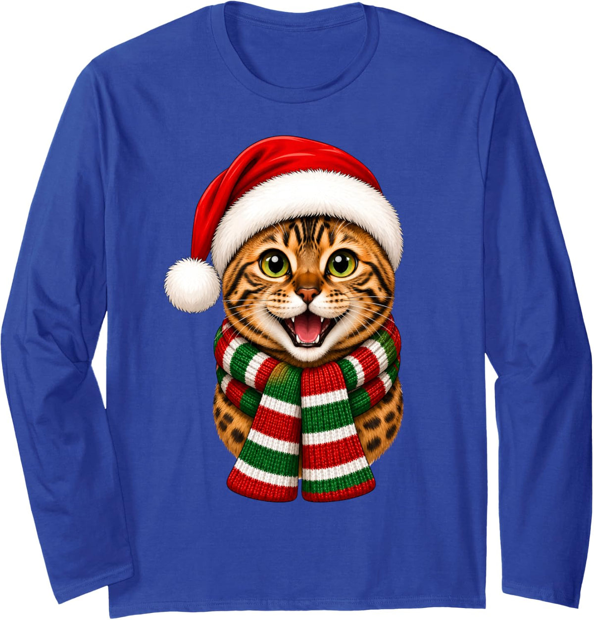 Bengal Cat Christmas Santa Hat Scarf Fun Animal Lover Xmas Long Sleeve T-Shirt - Adult Unisex Royal Blue
