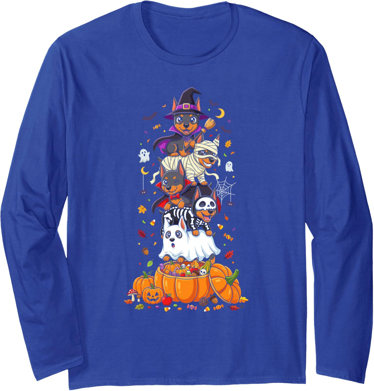 Doberman Pinscher Witch Vampire Ghost Halloween Mens Womens Long Sleeve T-Shirt - Adult Unisex Royal Blue