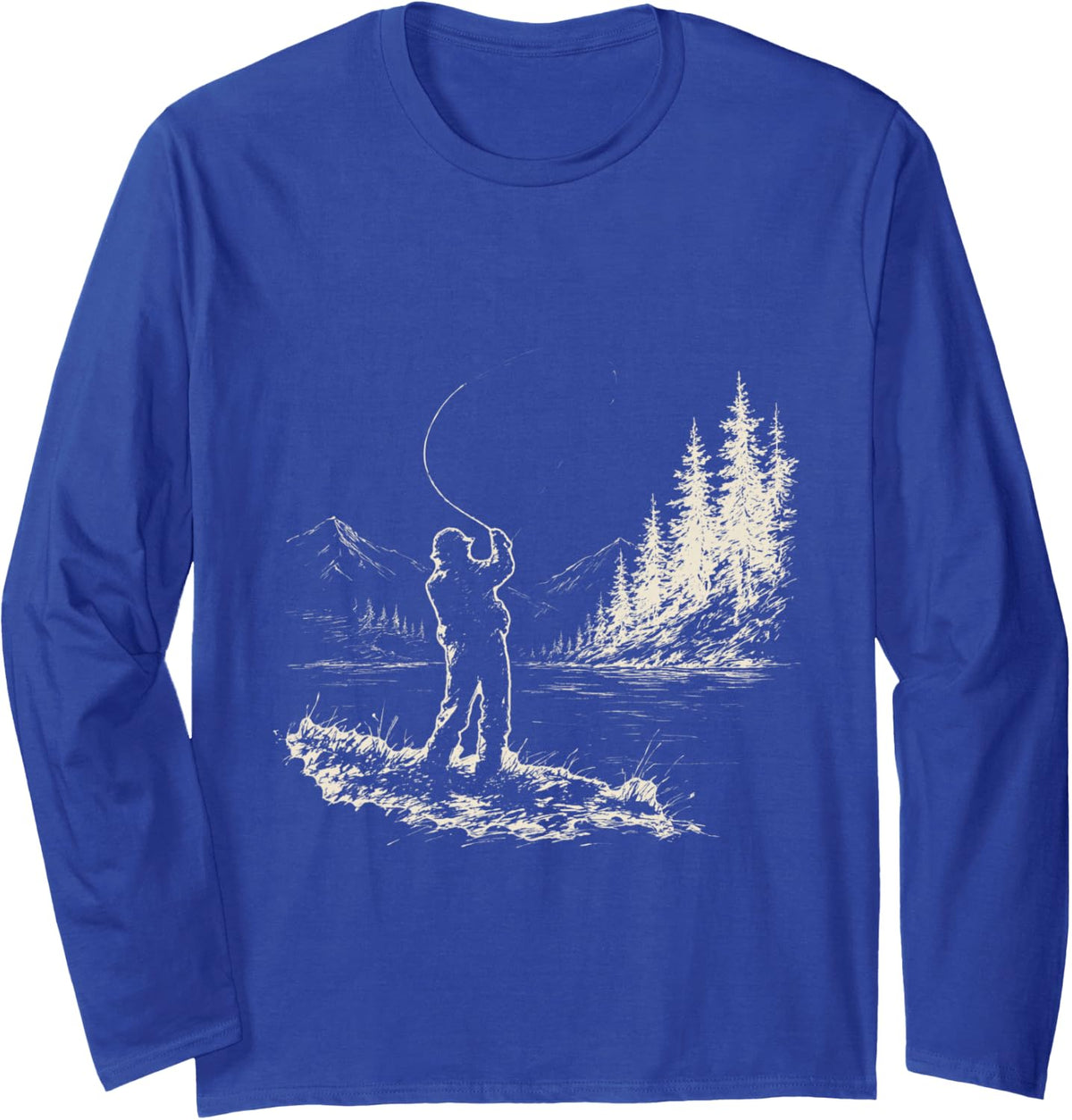 Vintage Fly Fisherman River Scene Ink Etching Angler Long Sleeve T-Shirt - Adult Unisex Royal Blue