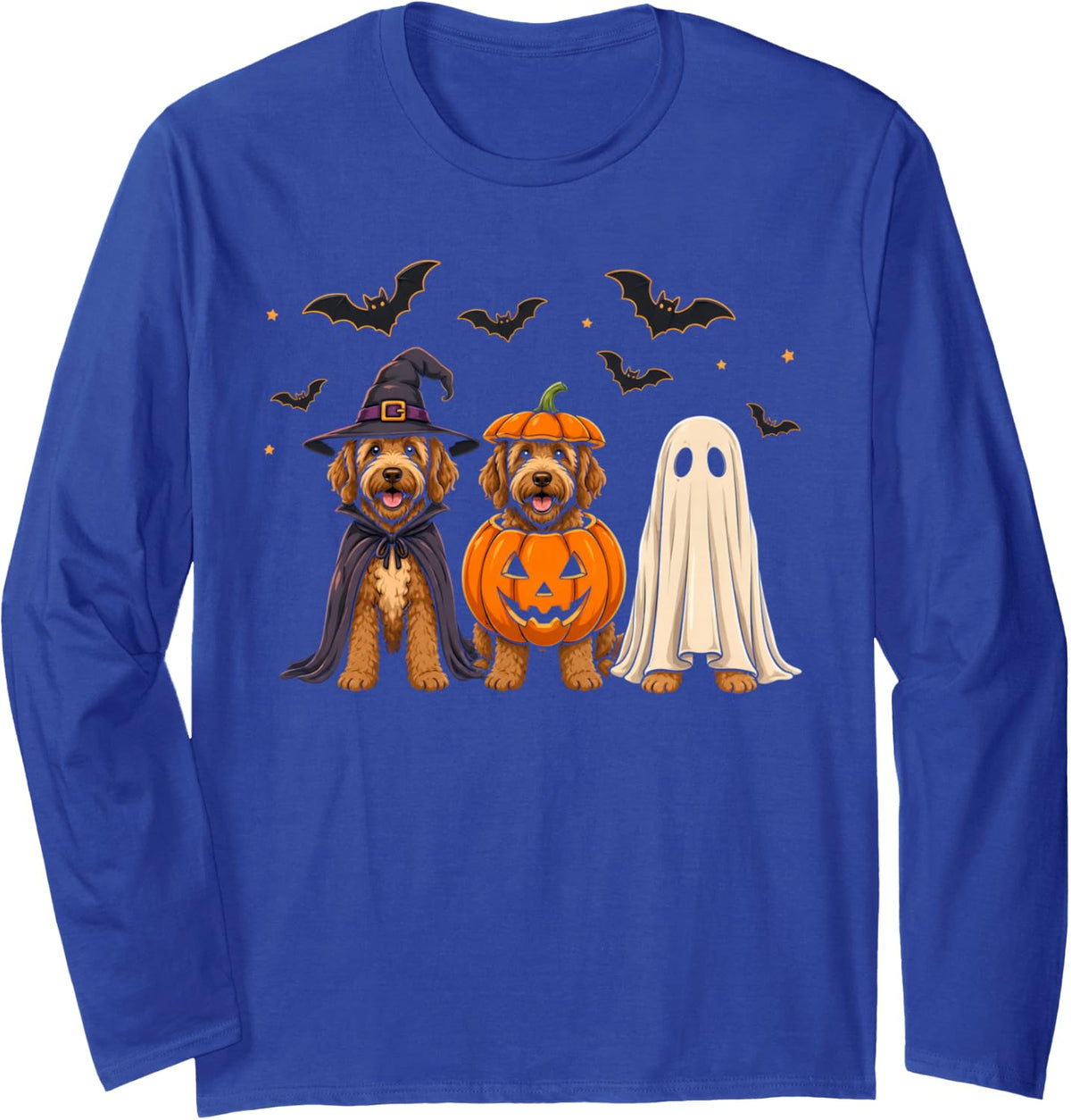 Spooky Ghost Goldendoodle Witch Pumpkin Bats Halloween Dogs Long Sleeve T-Shirt - Adult Unisex Royal Blue