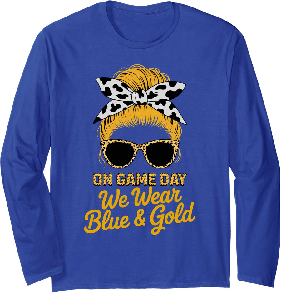 Vintage ON Game Day WE WEAR Blue Gold High School Cheer Mom Long Sleeve T-Shirt - Adult Unisex Royal Blue