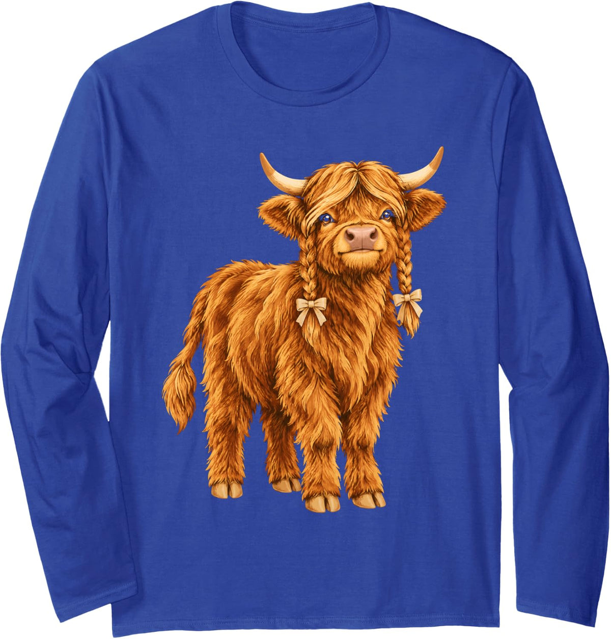 Highland Cow Calf Braids Bows Long Sleeve T-Shirt - Adult Unisex Royal Blue