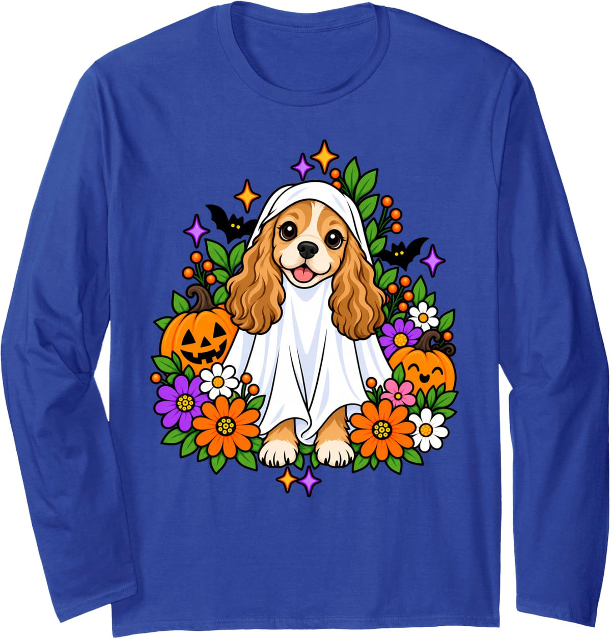 Floral Cocker Spaniel Ghost Halloween Costume for Dog Lovers Long Sleeve T-Shirt - Adult Unisex Royal Blue