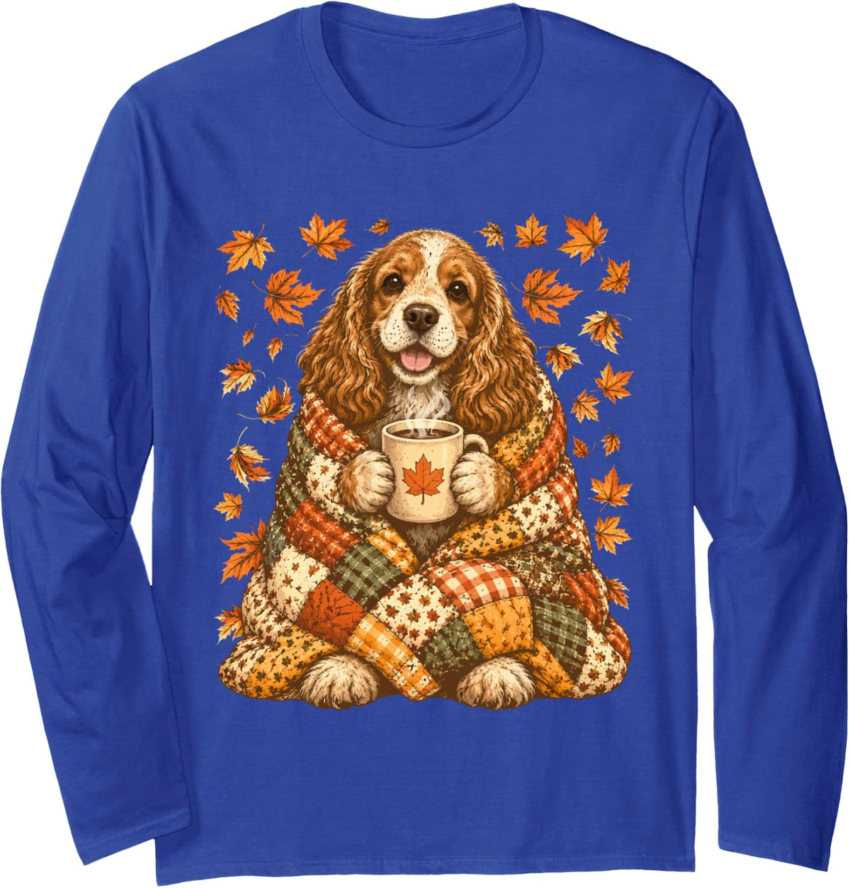 Cocker Spaniel with Maple Leaves Cozy Autumn Dog Fall Art Long Sleeve T-Shirt - Adult Unisex Royal Blue