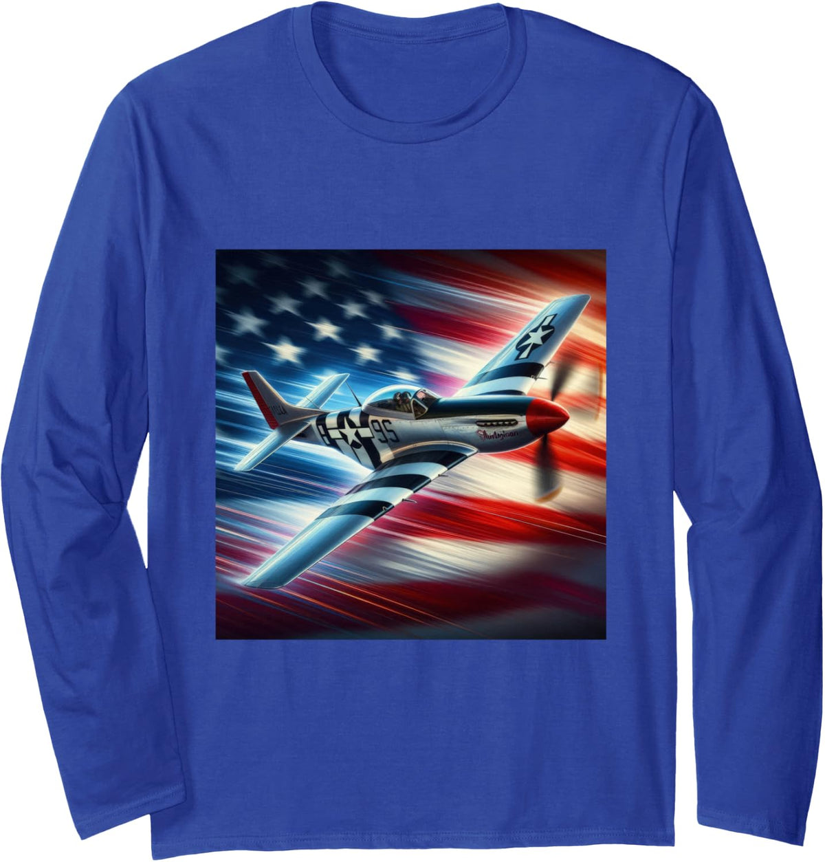 North American P-51 Mustang American Flag WW2 Airplane Long Sleeve T-Shirt - Adult Unisex Royal Blue