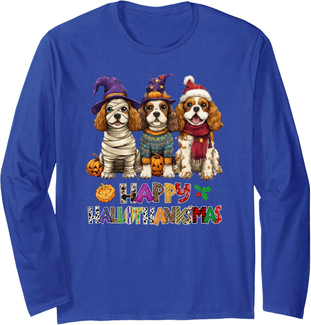 Hallothanksmas Cocker Spaniel Dogs Halloween Christmas Long Sleeve T-Shirt - Adult Unisex Royal Blue
