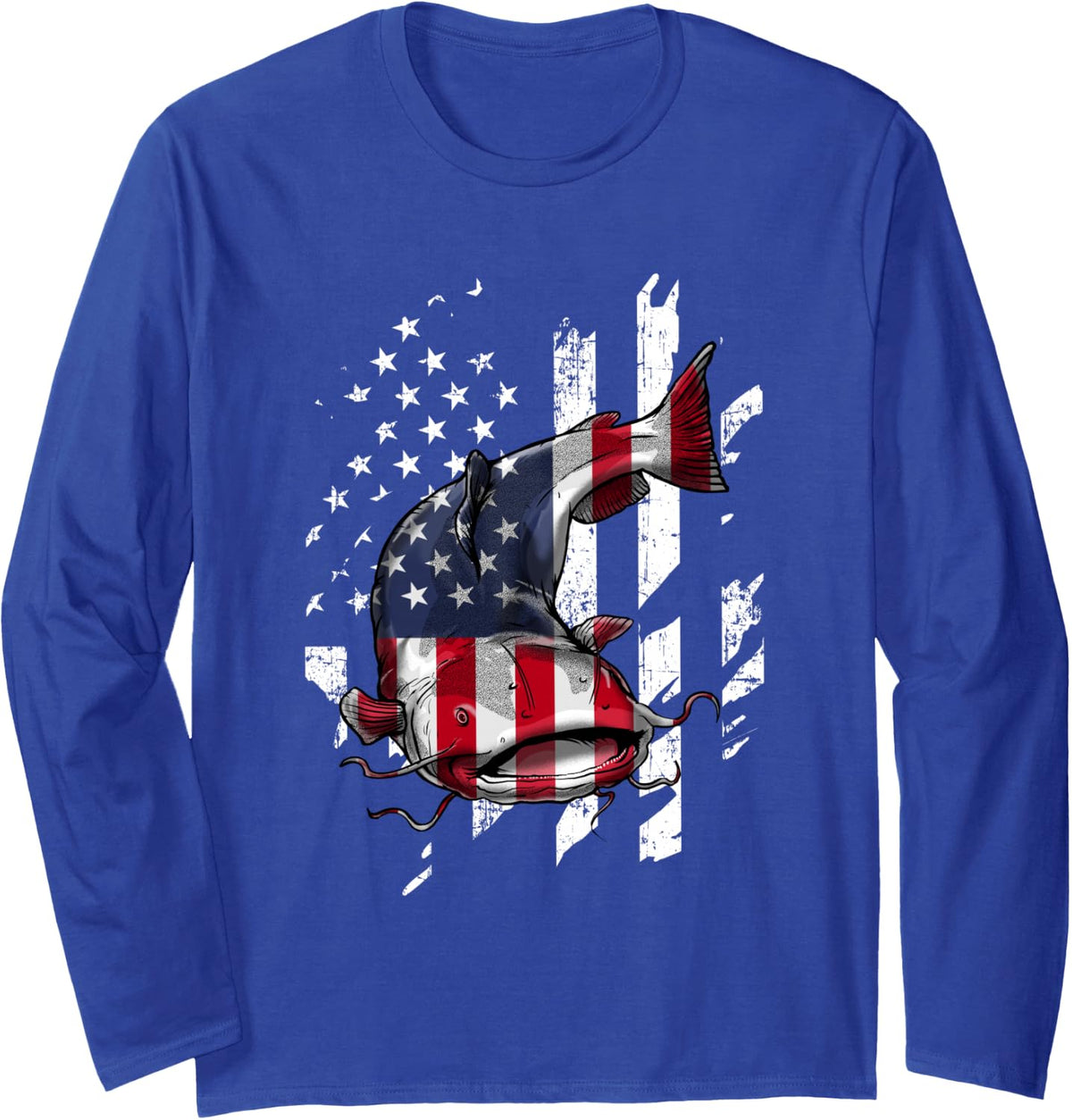 Catfishing American Flag - Catfish Angler Fisherman Long Sleeve T-Shirt - Adult Unisex Royal Blue