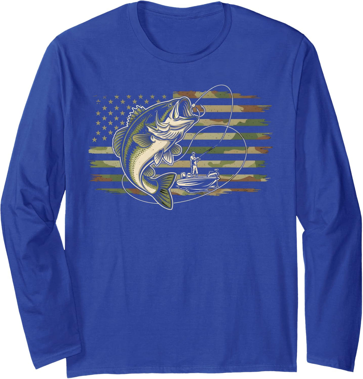 Fishing Camouflage US American Flag Bass Fish Fisherman Camo Long Sleeve T-Shirt - Adult Unisex Royal Blue