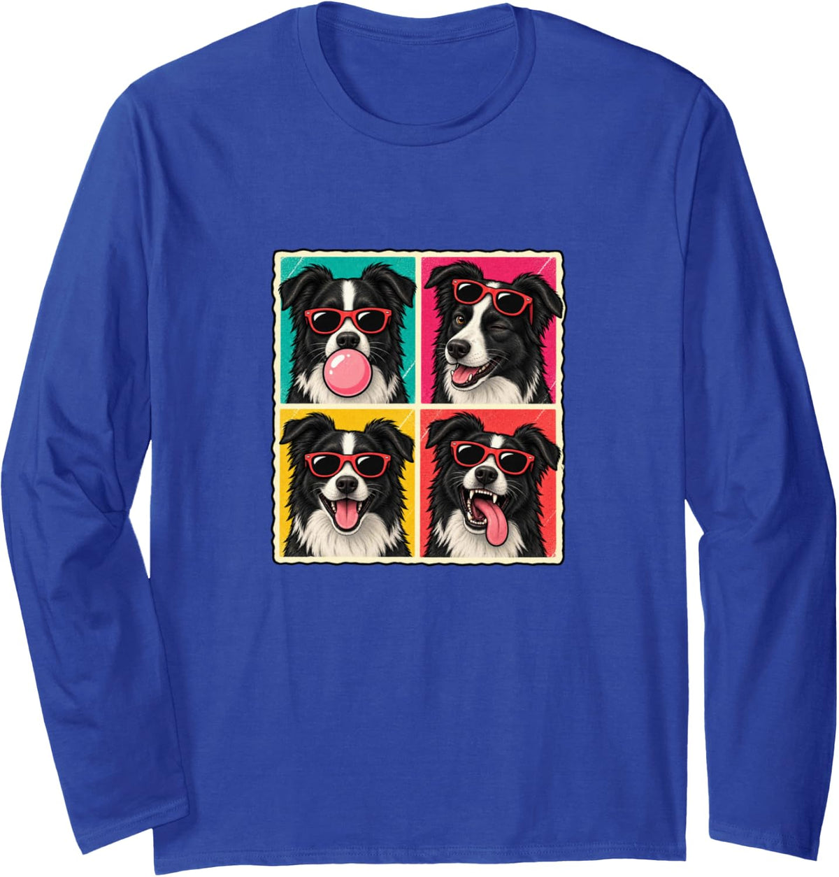 Funny Border Collie Wearing Sunglasses Bubblegum Photobooth Long Sleeve T-Shirt - Adult Unisex Royal Blue