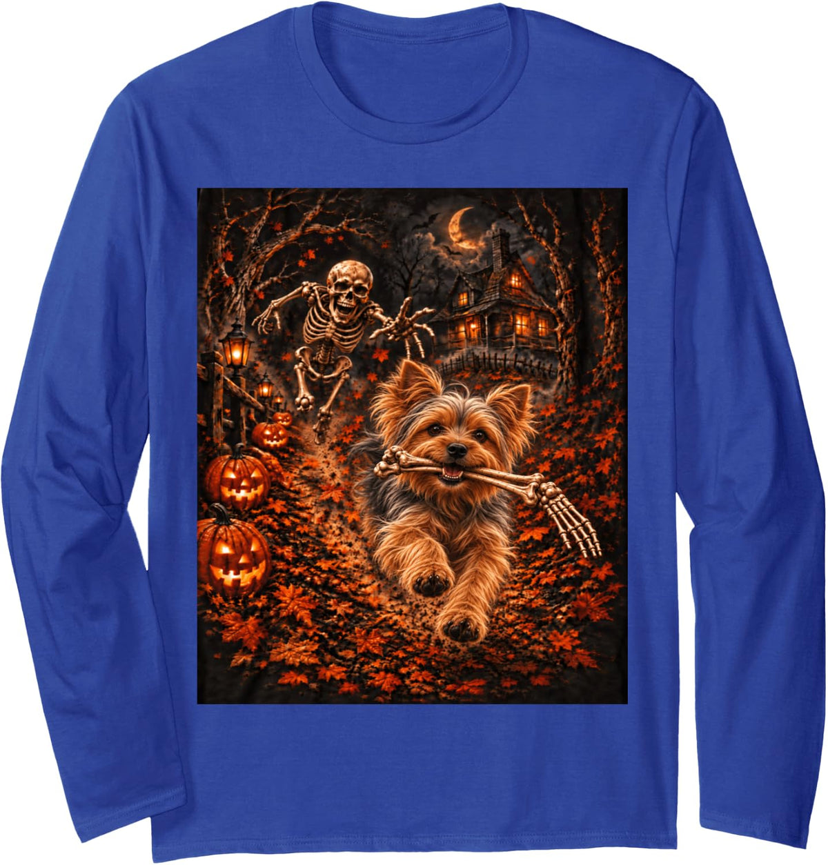 Yorkie Skeleton Bone Spooky Dog Halloween Long Sleeve T-Shirt - Adult Unisex Royal Blue