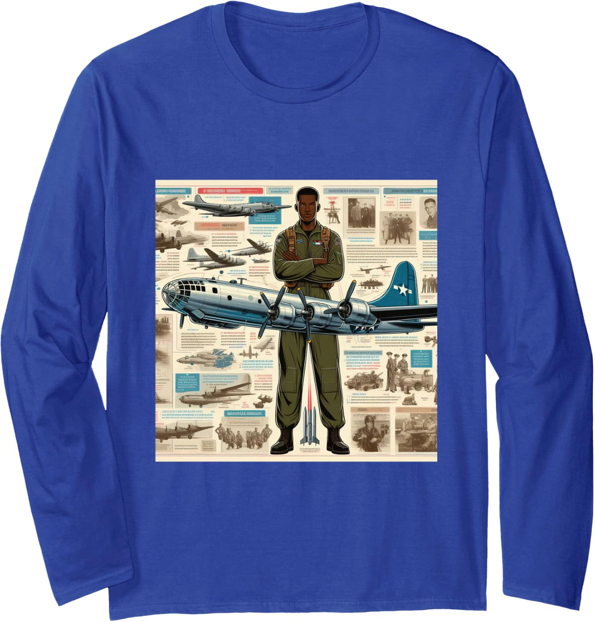 B29 Superfortress WW2 Warplane Airplane Infographics Long Sleeve T-Shirt - Adult Unisex Royal Blue