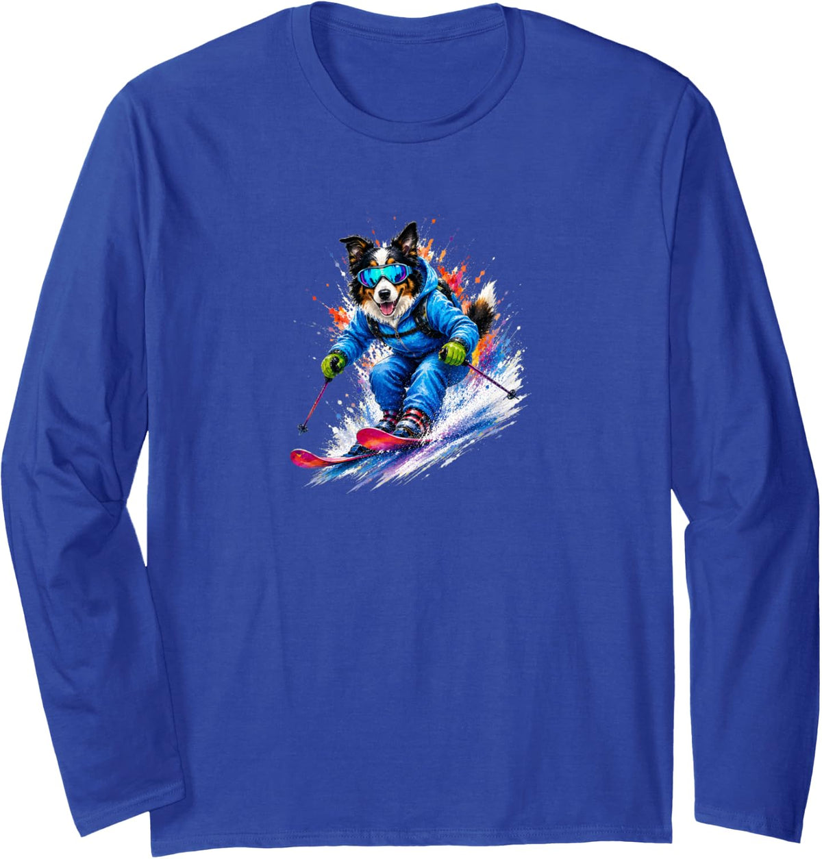 Border Collie Dog Skiing Watercolor Splash Art Long Sleeve T-Shirt - Adult Unisex Royal Blue