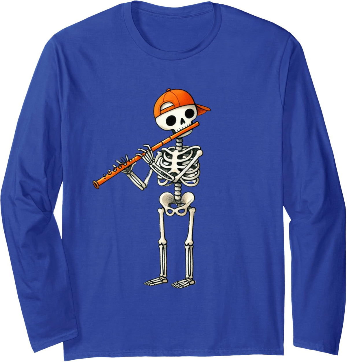 Skeleton Flute Halloween Funny Costume Flutist Men Boys Kids Long Sleeve T-Shirt - Adult Unisex Royal Blue