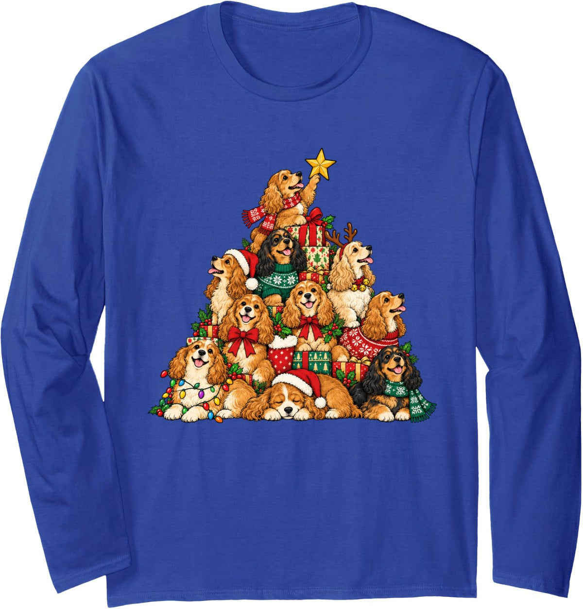 Funny Cocker Spaniel Christmas Lights Tree Dog Lover Xmas Long Sleeve T-Shirt - Adult Unisex Royal Blue