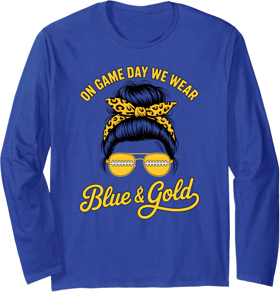 On Game Day WE WEAR Blue & Gold High School Mom Spirit Vibes Long Sleeve T-Shirt - Adult Unisex Royal Blue