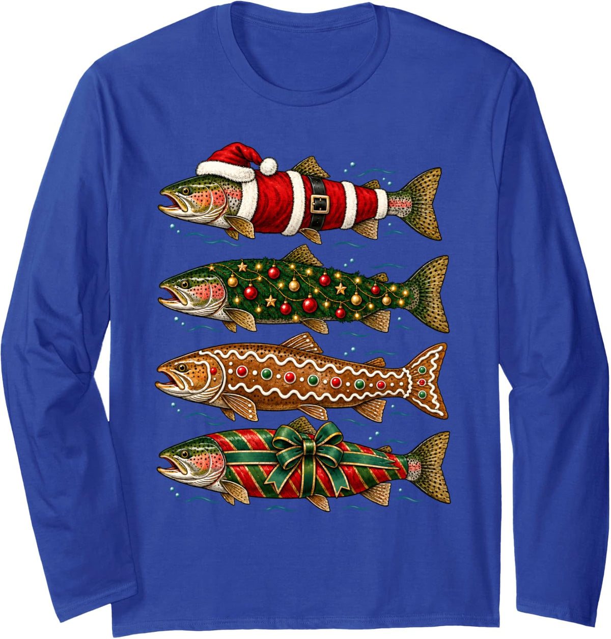 Christmas Fishing Pajamas Bass Santa Hat Lights Men Dad Xmas Long Sleeve T-Shirt - Adult Unisex Royal Blue