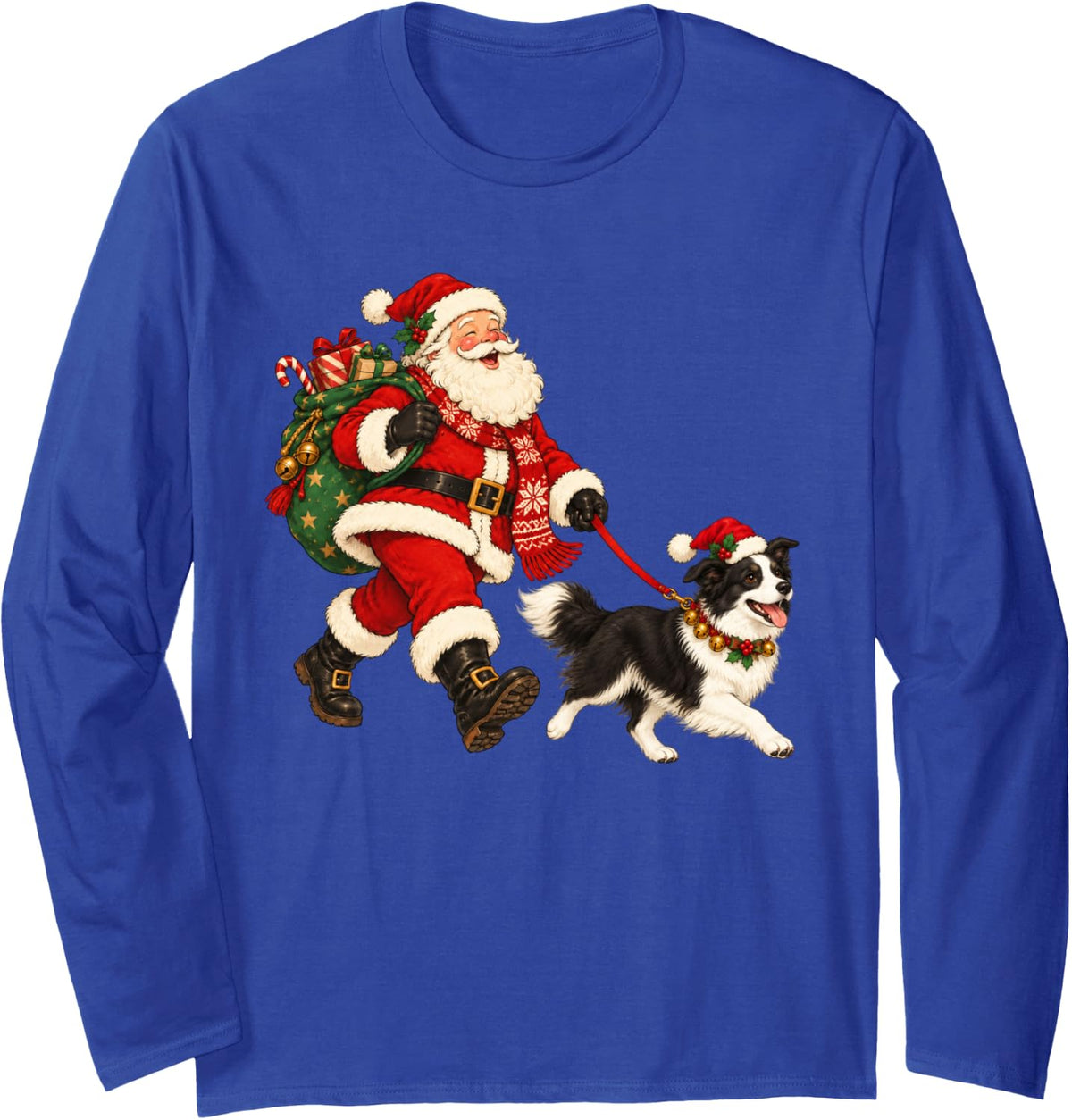 Border Collie Christmas Dog Walking with Santa Holiday Dog Long Sleeve T-Shirt - Adult Unisex Royal Blue