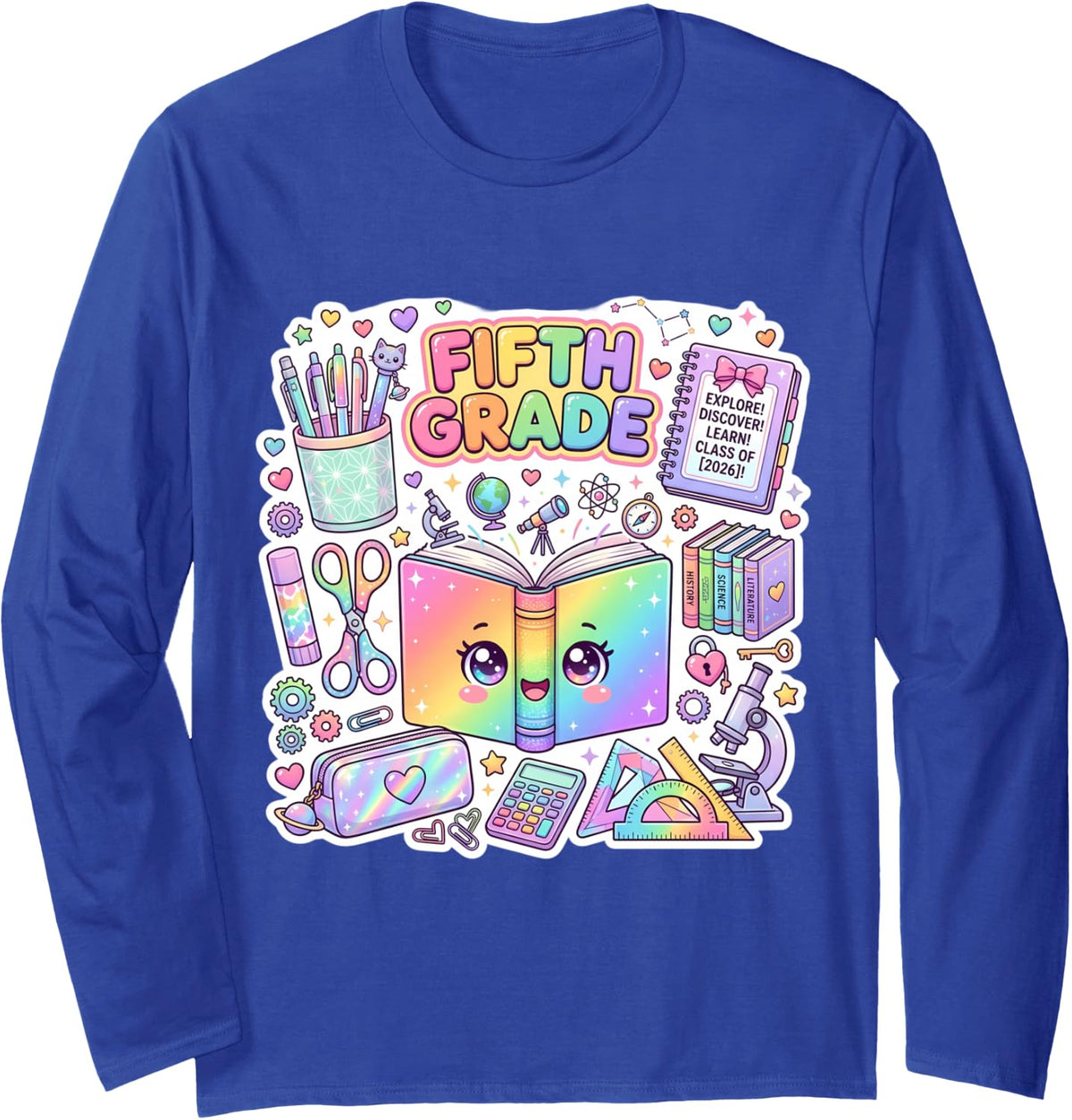 Cute Book 5th Fifth Grade Back to School Girl Teacher Class Long Sleeve T-Shirt - Adult Unisex Royal Blue