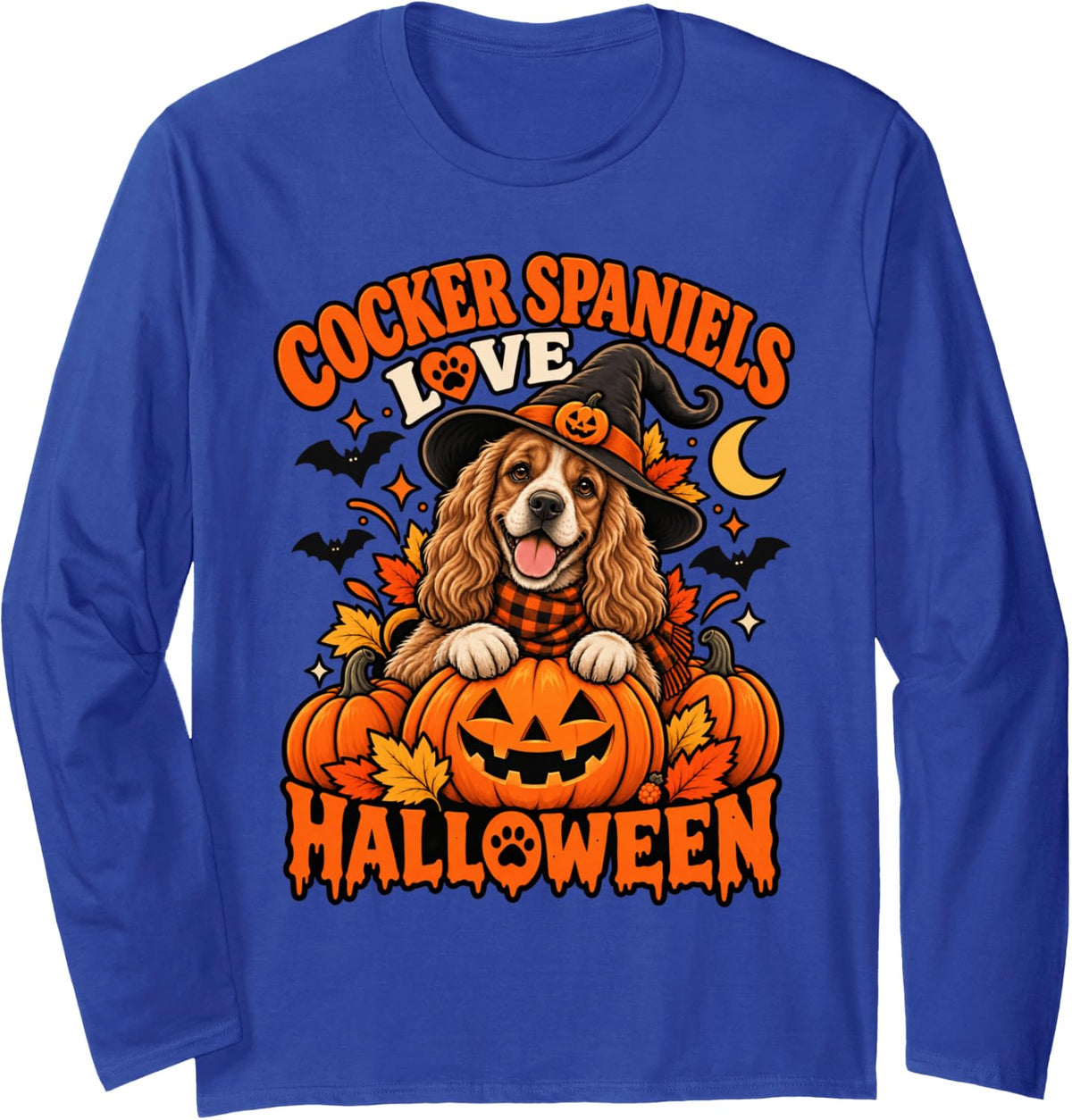 Cute Cocker Spaniel Love Halloween Dog Witch Pumpkin Long Sleeve T-Shirt - Adult Unisex Royal Blue