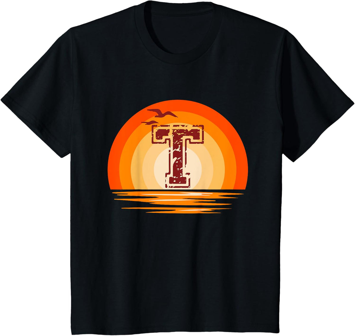T Big Letter Vintage Retro Sunset T-Shirt - Black