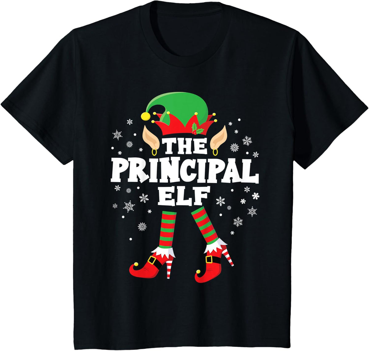 The Principal Elf High Heels Matching Elf Squad Christmas T-Shirt - Black