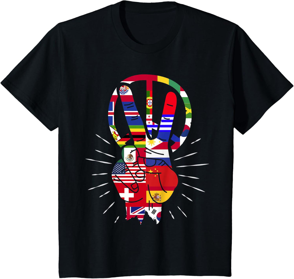 International Country Flag Peace Sign Hippie World Flag T-Shirt - Black